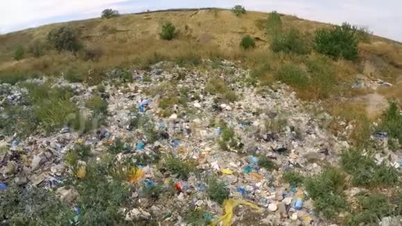 未经授权的垃圾填埋场上的垃圾杂草丛生鸟s视野视频的预览图