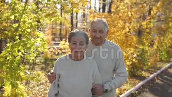 一对老夫妇在一个美丽的秋天环境中拥抱在公园里的慢镜头视频的预览图
