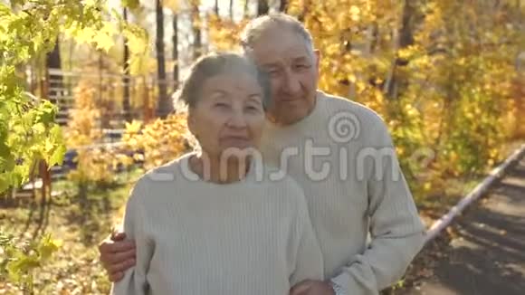 一对老夫妇在一个美丽的秋天环境中拥抱在公园里的慢镜头视频的预览图