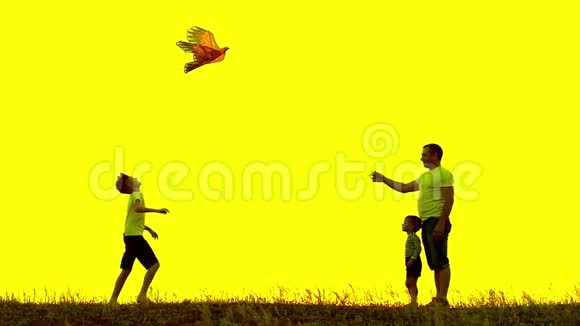 快乐的家庭父亲和孩子们在草地上奔跑夏天在日落时带着风筝缓慢地运动家庭户外视频的预览图
