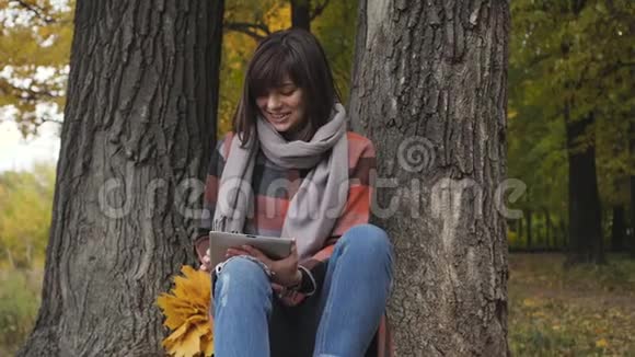 美妙的秋景迷人的年轻快乐的微笑女人坐在公园的草地上用平板电脑视频的预览图