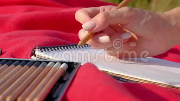 手的女人在大自然的笔记本上画铅笔视频的预览图