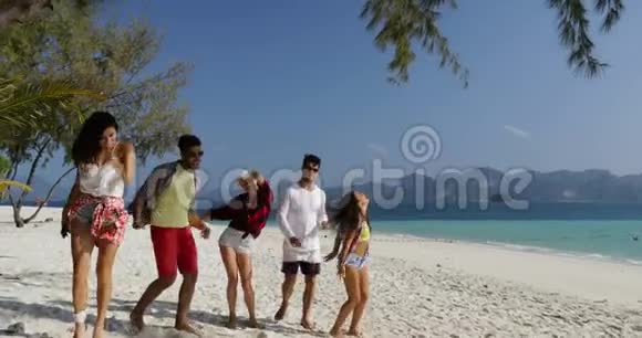 快乐的人在沙滩上跳舞欢笑在度假时把男女同乐视频的预览图