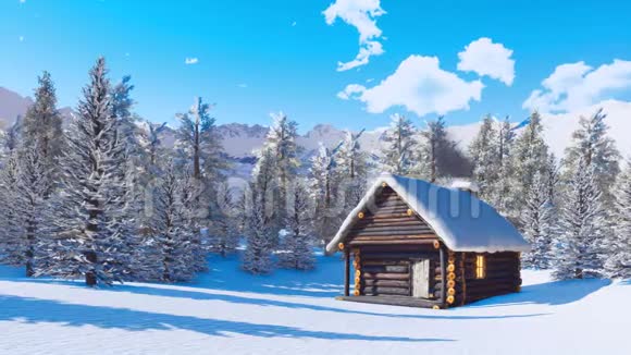 晴朗的冬日舒适的雪山小屋视频的预览图