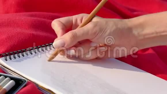 手的女人在大自然的笔记本上画铅笔视频的预览图