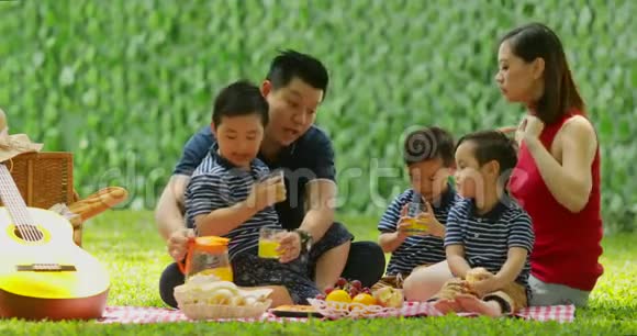一家人在公园喝橙汁视频的预览图