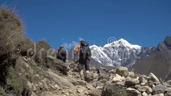 男孩游客在喜马拉雅山的小径上漫步视频的预览图