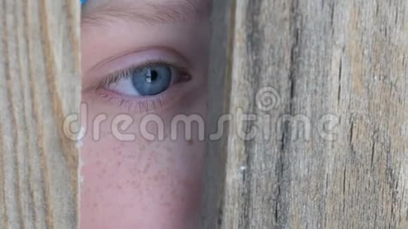 男孩少年在栅栏或门缝中窥视近景视频的预览图