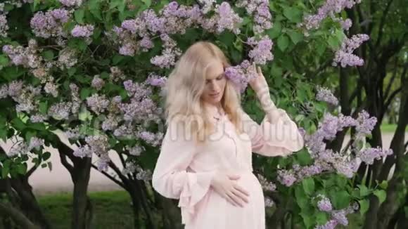 一位穿着漂亮衣服的孕妇在公园里散步一个穿着粉红色裙子的金发孕妇站在视频的预览图