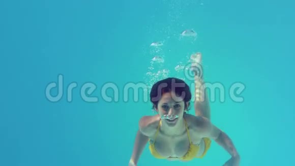 穿着黄色比基尼在水下游泳的美丽的深色头发视频的预览图