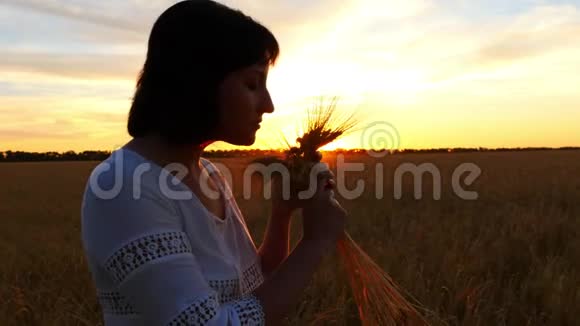 一个穿着白色裙子的女孩在日落时分的田野里抱着一束麦穗视频的预览图