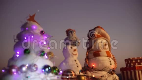 新年雪人卸下新年礼物傍晚时分白雪公主被圣诞树包围视频的预览图
