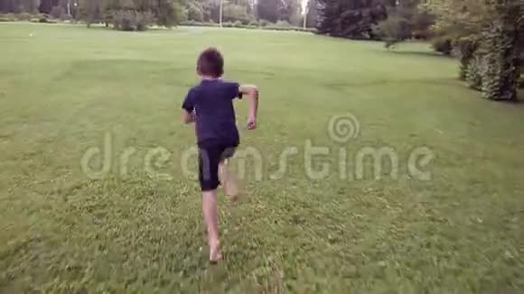一个快乐的小男孩飞快地跑过草地心情愉快视频的预览图