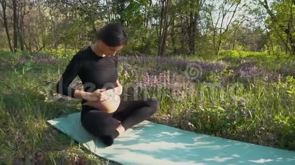 孕妇抚摸着坐在草地上的小肚子视频的预览图