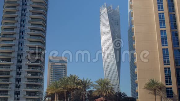在阳光明媚的夏日用棕榈树观赏热带城市的现代摩天大楼视频的预览图