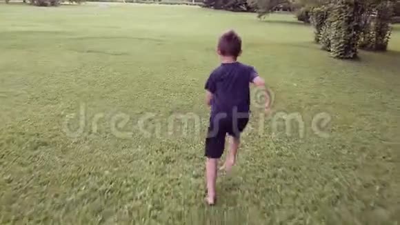 一个快乐的小男孩很快地沿着草地奔跑蹦蹦跳跳地落在草地上心情愉快地躺着视频的预览图