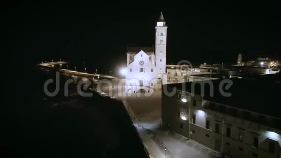 4k飞机夜间空中无人机拍摄的天主教教堂港口背景视频的预览图