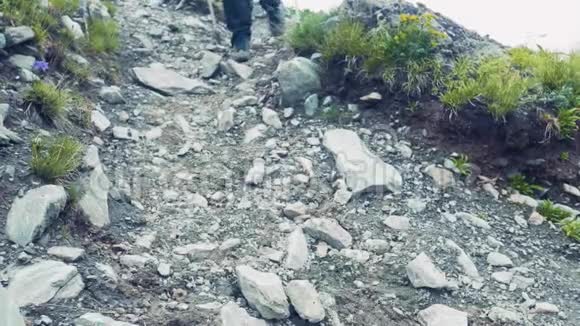 高山山脉游客带着背包下来徒步旅行对抗高山双腿合拢视频的预览图