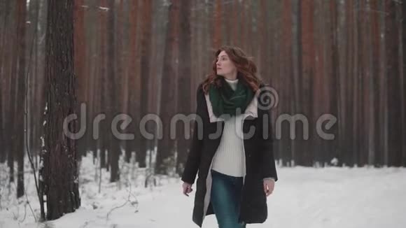 红发女孩在一场大雪下漫步在冬天的森林里慢动作视频的预览图