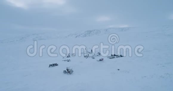 在冻土带中间的驯鹿和蒙古包捕捉无人机4k视频的预览图