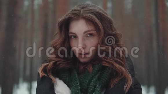 冬季森林里一个奇怪而神秘的红发女孩的画像下雪了头发上的雪花视频的预览图