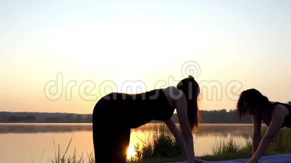 两个女人站在斯隆莫日落湖畔的瑜伽垫上四人站立视频的预览图