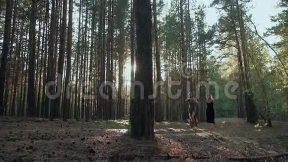 女朋友在森林里夕阳下散步视频的预览图