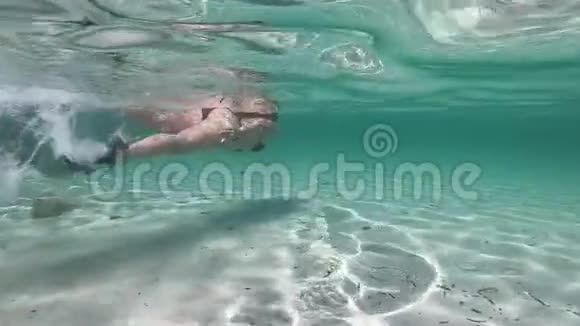 一位穿着黑色比基尼的年轻美女从水下自由泳和透明海豚泳中慢动作视频的预览图