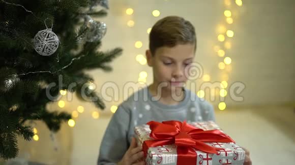 兴奋的小男孩打开圣诞礼物盒惊讶地坐在新年树下视频的预览图