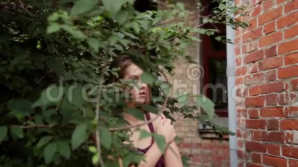 非常漂亮的女孩站在灌木丛中摆姿势视频的预览图