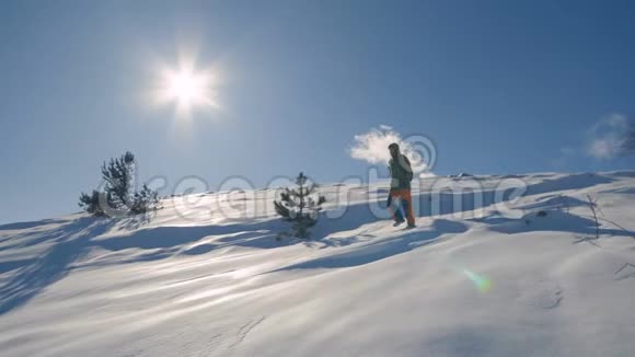 女孩旅行者在冬天的山上徒步旅行在冬天徒步旅行下雪的天气视频的预览图