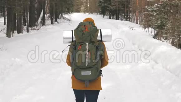女游客走在一条冬天的森林路上肩上背着一个背包视频的预览图