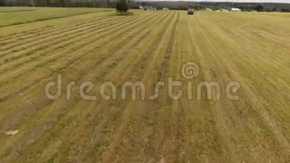 镜头显示绿色长拖车与干草捆在大黄犁田视频的预览图
