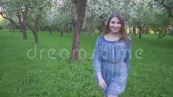 年轻的女人跑在一个苹果园里的春天花白色傍晚水果中一个美丽女孩的肖像视频的预览图