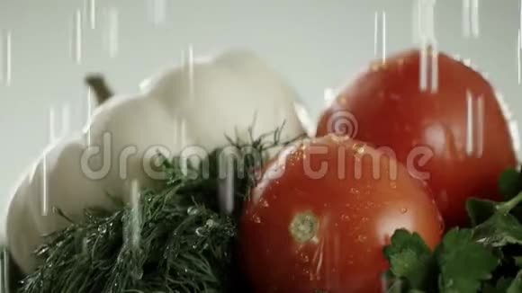 在视频中我们看到一个白色的南瓜西红柿和绿色水滴从顶部涌出白色的背景视频的预览图