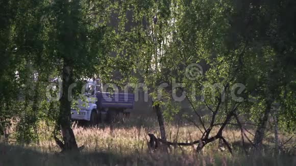 卡车在树林里的田间道路上行驶场景下午卡车在绿树丛中的尘土飞扬的道路上行驶概念视频的预览图