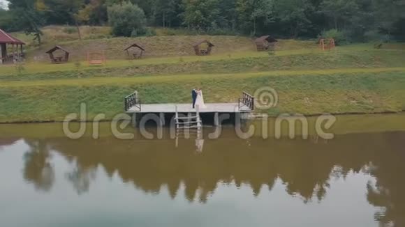 公园里湖边有新娘的房间新婚夫妇空中射击视频的预览图