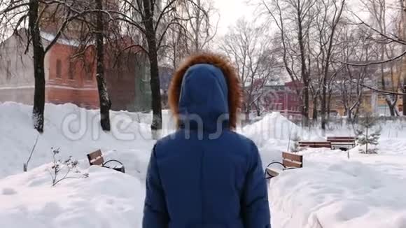 白天在大雪纷飞的天气里女人正在城市的冬季公园里散步后景视频的预览图
