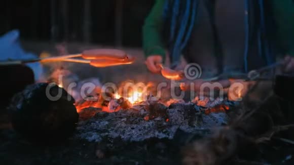 人们晚上在树林里的火上煎香肠特写双手视频的预览图