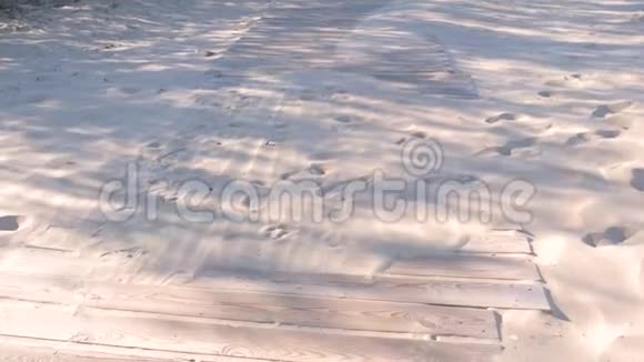 沙滩上的木板路沙子上的动物和人的痕迹视频的预览图