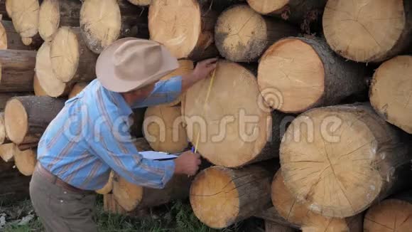 锯木厂工人测量圆木堆的厚度写出结果视频的预览图