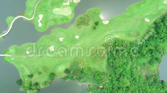 鸟瞰无人机在高尔夫球场和绿色森林的顶部向下射击视频的预览图