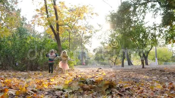 快乐的孩子们在背光中享受大自然的乐趣在秋天的公园里把黄叶扔到空中视频的预览图