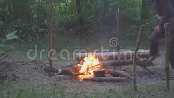 在森林的篝火上用大锅煮意大利面厨师用勺子搅拌食物视频的预览图