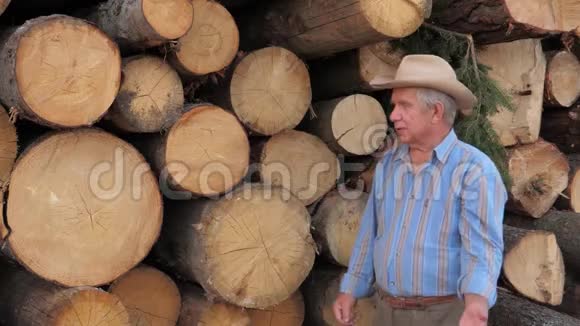 老锯木厂的工人谈到木材它测量木制原木的胶带末端视频的预览图