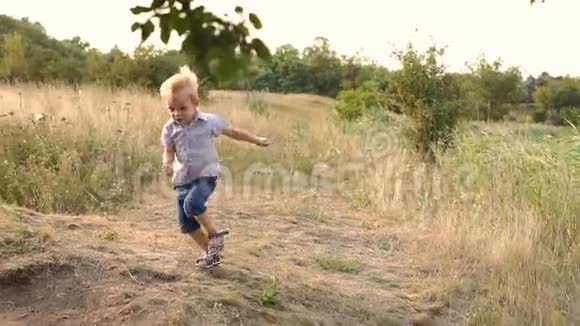 小有趣的男孩在秋天的田野里玩慢悠悠视频的预览图