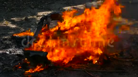 在明亮的火焰中一个塑料手提箱燃烧视频的预览图