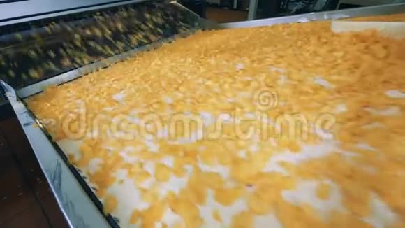 食品生产设施的现代输送机上的新鲜薯片视频的预览图