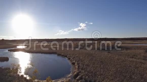 秋季蓝湖和棕背景景观的自然场景视频的预览图