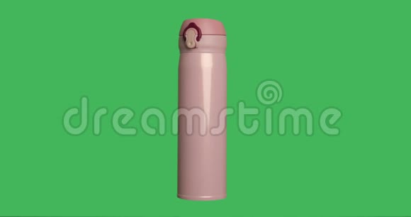 孤立的粉红色热水瓶与热饮在绿色屏幕色度键背景视频的预览图